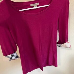 Burberry Women's Magenta Long Sleeve Tee with Check Trim
